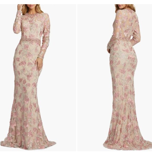 MAC DUGGAL 79281 FLORAL EMBROIDERED LONG SLEEVE TRUMPET NUDE ROSE GOWN sz 10 - Picture 3 of 3